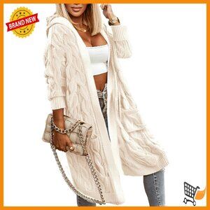 Oversized Hooded Cable Knit Cardigan Sweater Long Knee Length Warm